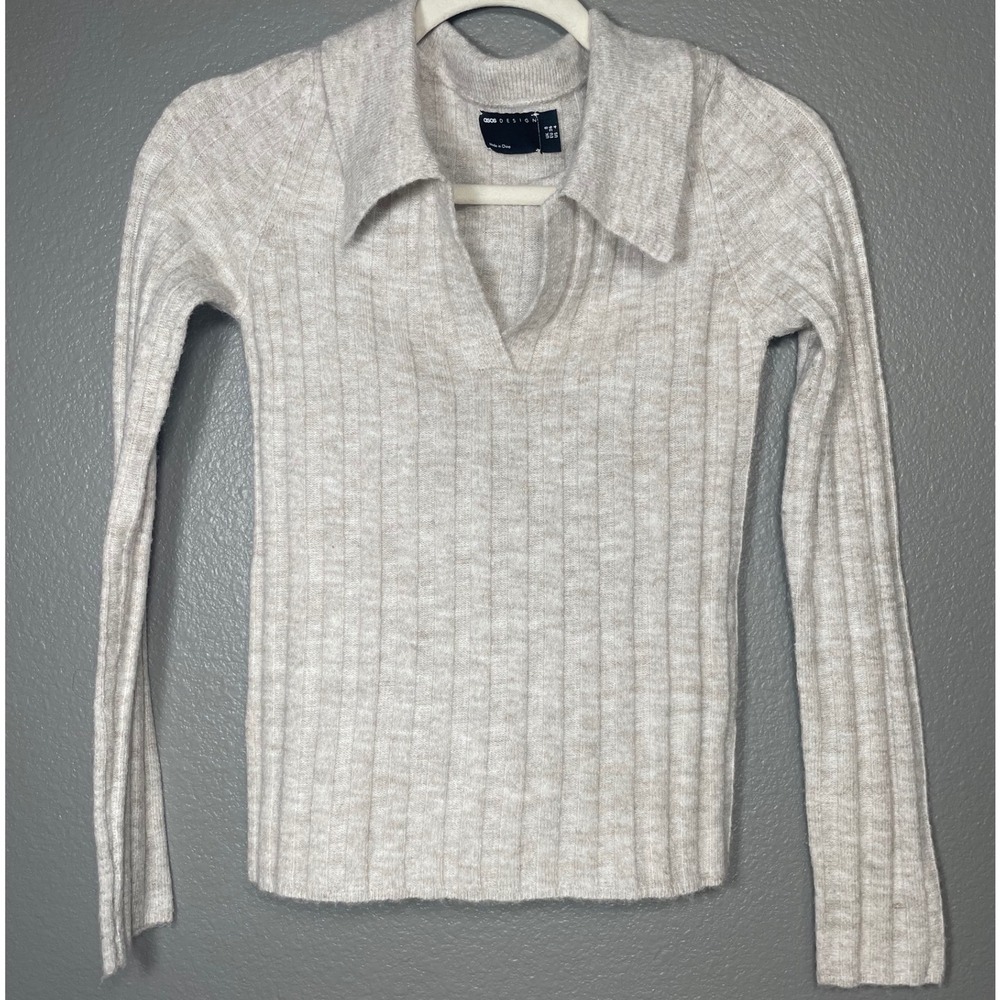 ASOS DESIGN Oatmeal Ribbed Knit Polo Sweater V-Neck Long Sleeve US 4